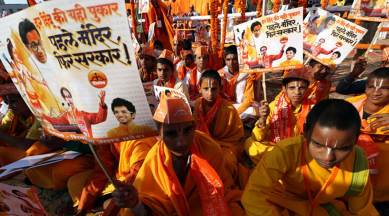 Supporters of the construction of the Ram Temple in Ayodhya on Saturday. (Express photo/Vishal Srivastav)