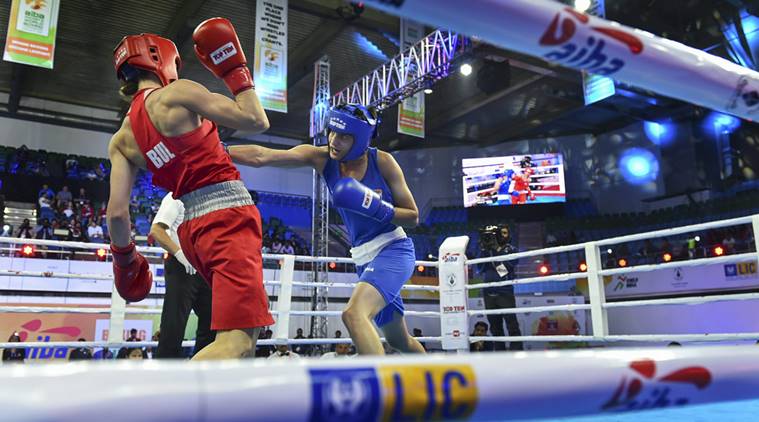 India's Sonia Chahal (in blue) in action against Stanimira Petrova of Bulgaria during the women's light flyweight 57 kg category bout at AIBA Women's World Boxing Championships, in New Delhi