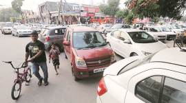 At market of Sector 7 in Panchkula on Sunday. (Express Photo/ Jasbir Malhi)