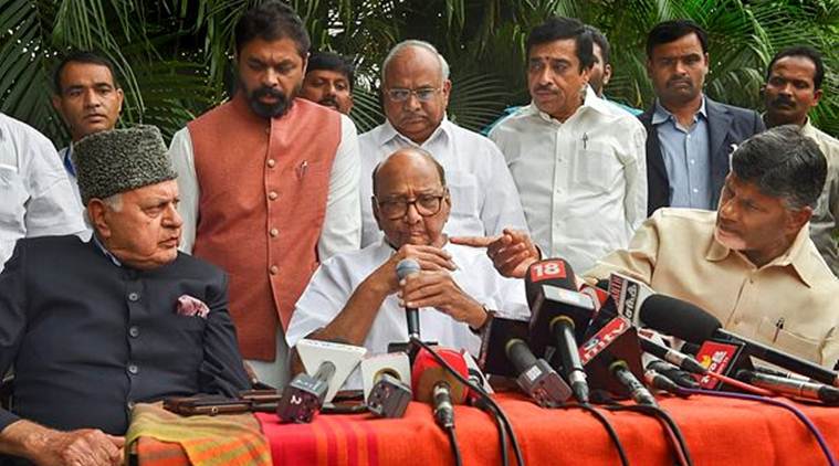 National Conference president Farooq Abdullah , NCP chief Sharad Pawar and Chandrababu Naidu address the media after holding a meeting earlier in the day. (PTI)