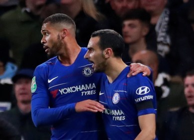 Chelsea's Ruben Loftus-Cheek and Davide Zappacosta celebrate after Derby County's Richard Keogh (not pictured) scored an own goal and the second goal for Chelsea.