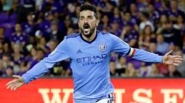 New York City FC's David Villa (7) celebrates his second-half goal during an MLS soccer game against Orlando City in Orlando, Fla.