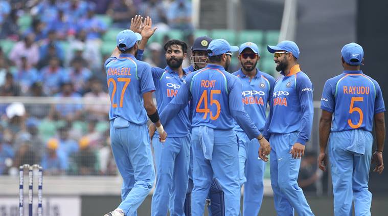 Ravindra Jadeja celebrates with teammates
