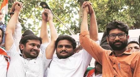 Kanhaiya Kumar, Hardik Patel and Jignesh Mevani at the rally on Sunday. (Express photo/Prashant Nadkar)