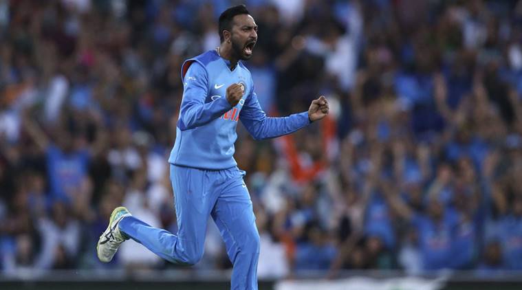 India's Krunal Pandya celebrates after taking the wicket of Australia's Ben McDermott during their Twenty20 cricket match in Sydney