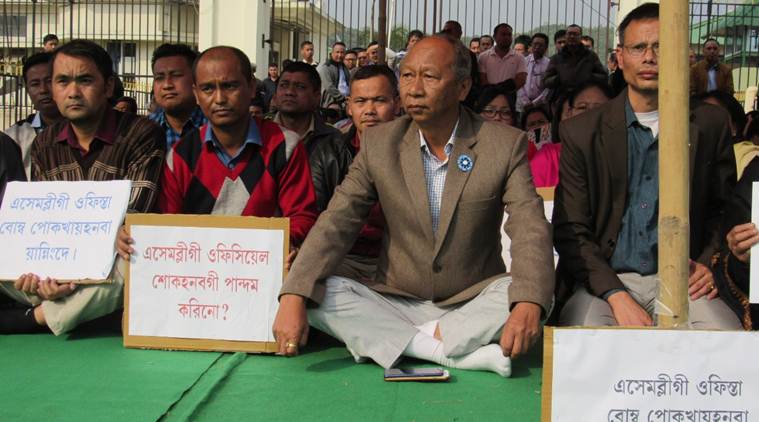 Manipur Assembly Speaker Y. Khemchand (second from right) at the demonstration in Imphal on Saturday.