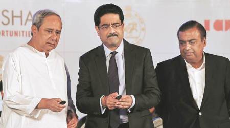 Odisha Chief Minister Naveen Patnaik, Aditya Birla group Chairman KM Birla and RIL Chairman Mukesh Ambani at the Make in Odisha Conclave in Bhubaneswar, Monday.   (PTI)
