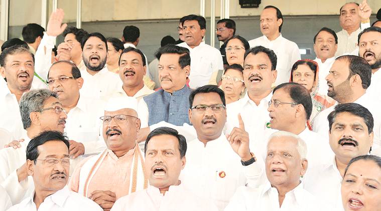 Devendra Fadnavis, Fadnavis government, drought in Maharashtra, Opposition protest, Maharashtra Assembly, Indian Express 