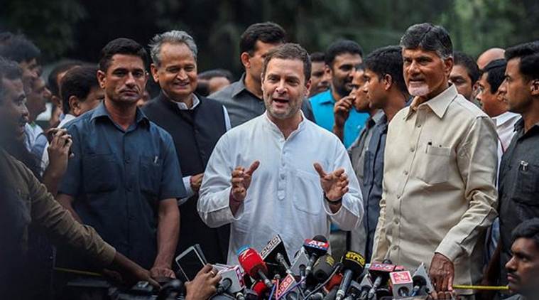 Congress chief Rahul Gandhi addresses the media after holding talks with Andhra Pradesh Chief Minister Chandrababu Naidu in the national capital on Thursday. (PTI)