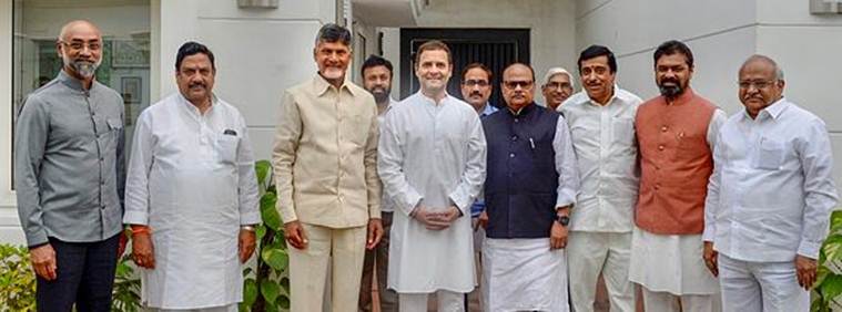 Rahul Gandhi with Chandrababu Naidu during a meeting in the national capital. (PTI)