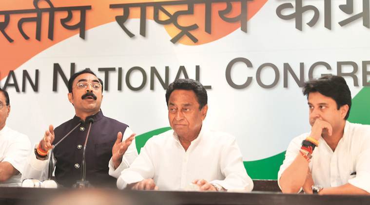 Sanjay Singh Masani with Congress leaders Kamal Nath and Jyotiraditya Scindia in New Delhi on Saturday. (PTI)
