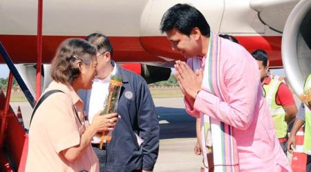 Tripura CM Biplab Kumar Deb greets Princess of Thailand Maha Chakri Sirindhorn at Kailashahar airport. (Source: Twitter/@BjpBiplab)