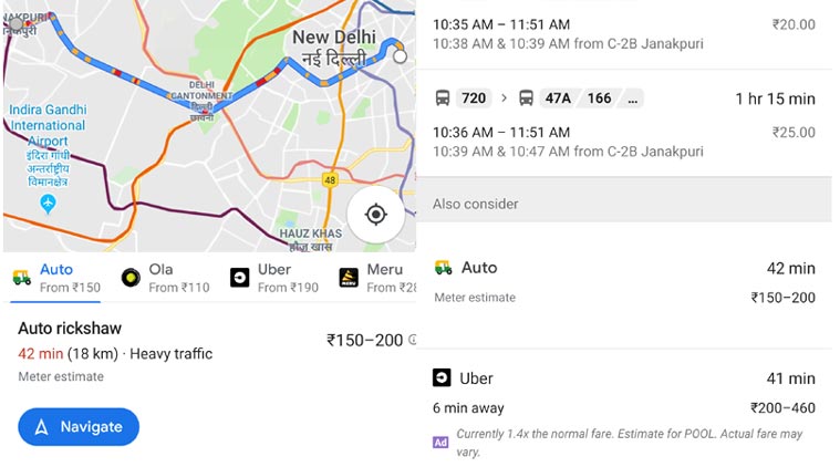 Google maps now shows auto-rickshaw routes with estimated fares
