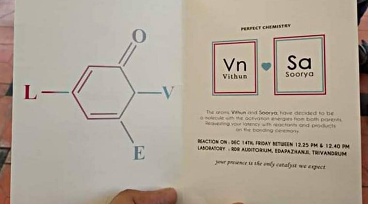 chemistry wedding invite, shashi tharoor, kerala viral wedding invite, chemistry teacher wedding invite, unique wedding invitation card, viral news, funny news, odd news, indian express