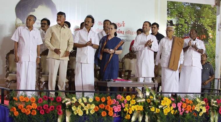 The Opposition leaders at the event at DMK headquarters in Chennai. (Photo credit: Twitter/@INCIndia)