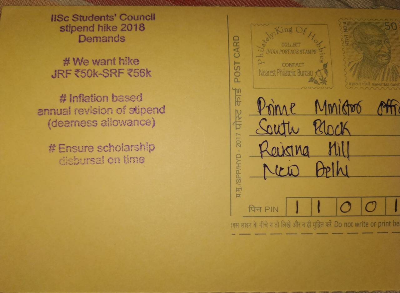 IISC, researchers protest, hike, stipend, postcard