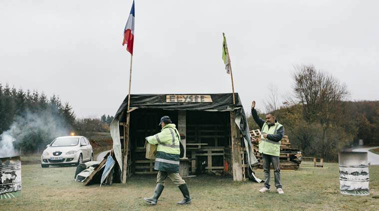 Yellow vest protesters at a roundabout in Vaury, France.