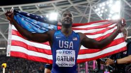 Justin Gatlin of the U.S. celebrates after winning the race
