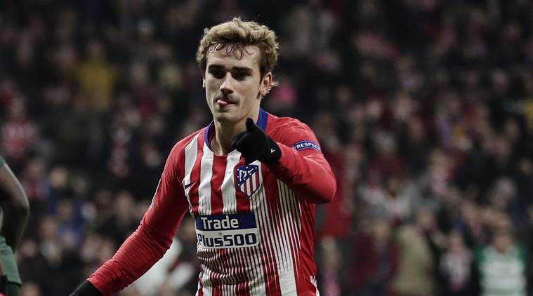 Atletico forward Antoine Griezmann after scoring his side's second goal during a Group A Champions League soccer match between Atletico Madrid and Monaco at the Metropolitano stadium in Madrid
