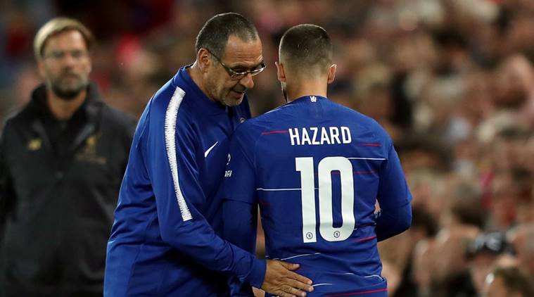 Chelsea's Eden Hazard talks to manager Maurizio Sarri at Anfield, Liverpool
