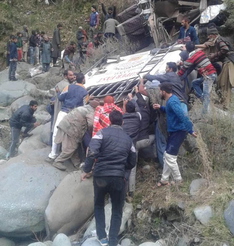jk accident, jk bus accident, bus accident, bus falls into gorge, jk news, indian express