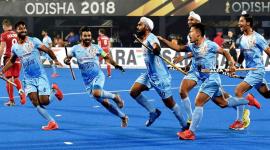 Manpreet Singh celebrates with teammates after a goal during a match against Belgium(red) for Men's Hockey World Cup 2018, in Bhubaneswar, Sunday, Dec 02, 2018.