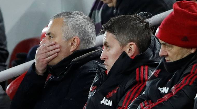 Manchester United manager Jose Mourinho reacts during the game against Liverpool at Anfield