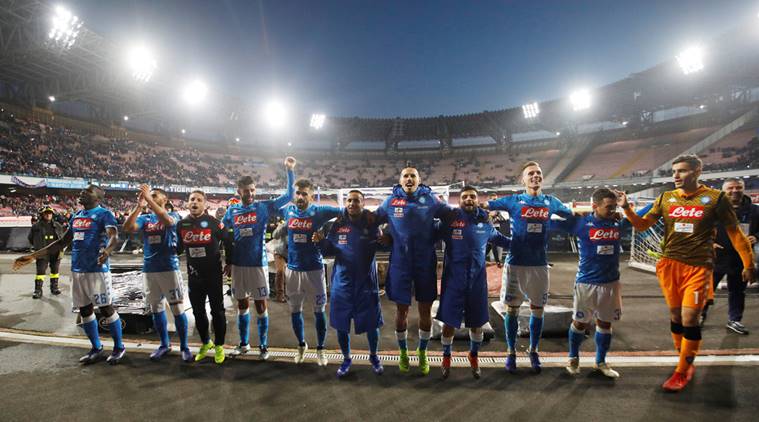 Napoli players celebrate after the match against Frosinone.