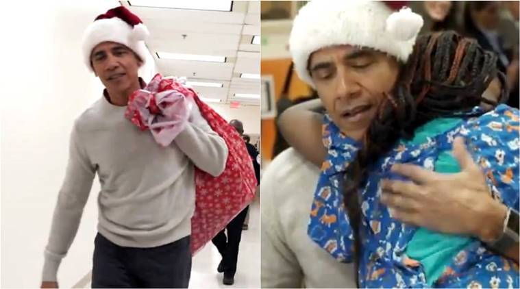 barack obama, barack obama hospital, obama as santa, obama, Obama surprises children, santa obama gifts, Christmas, barack obaama viral video, 