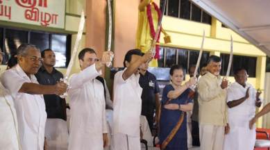 From left: Kerala CM Pinarayi Vijayan, Congress chief Rahul Gandhi, DMK president M K Stalin, UPA chairperson Sonia Gandhi and Andhra Pradesh CM N Chandrababu Naidu at the event in Chennai on Sunday. (Photo credit: Twitter/@INCIndia)