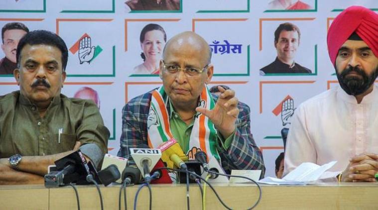 AICC spokesperson and Rajya Sabha member Abhishek Manu Singhvi with Mumbai Congress chief Sanjay Nirupam addresses the media on Rafale issue in Mumbai on Saturday. (PTI)
