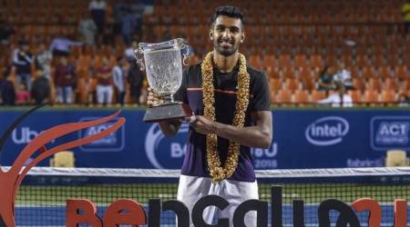 Prajnesh Gunneswaran after winning the ATP Challenger event at Bengaluru