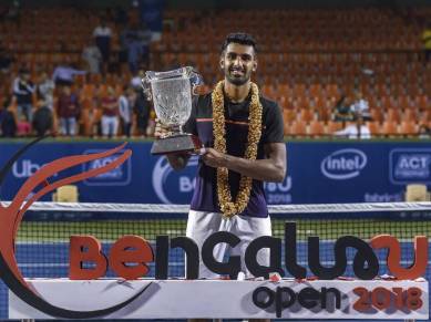 Prajnesh Gunneswaran after winning the ATP Challenger event at Bengaluru