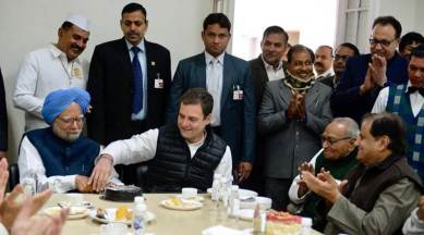Congress chief Rahul Gandhi cut the cake with former Prime Minister Manmohan Singh to mark the 134th Foundation Day on Friday. (Express photo/Manoj C G)
