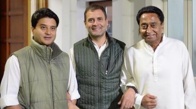 Congress chief Rahul Gandhi with Jyotiraditya Scindia and Kamal Nath. (Twitter/@RahulGandhi)