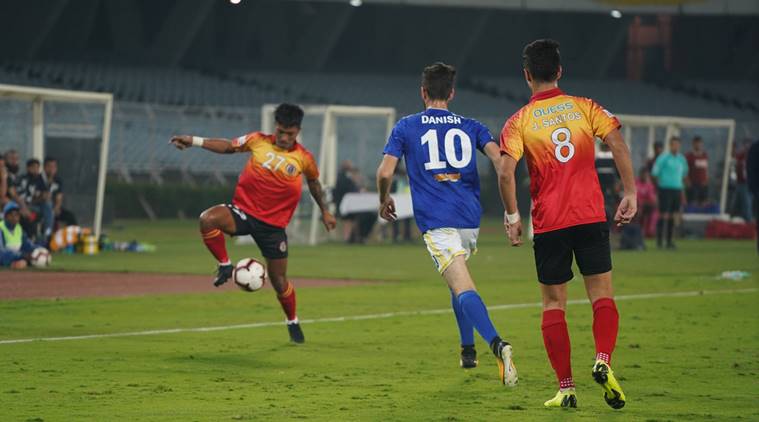 East bengal and Real Kashmir players in action in the I-League
