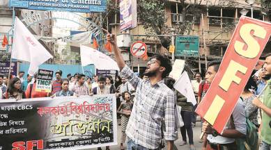 SFI members march to Calcutta University Monday. Partha Paul