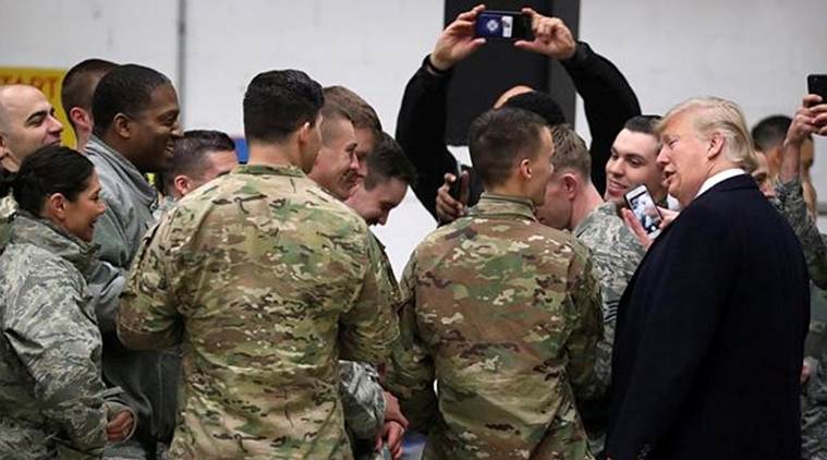 US President Donald Trump greets US troops at Ramstein Air Force Base, Germany. (Reuters)