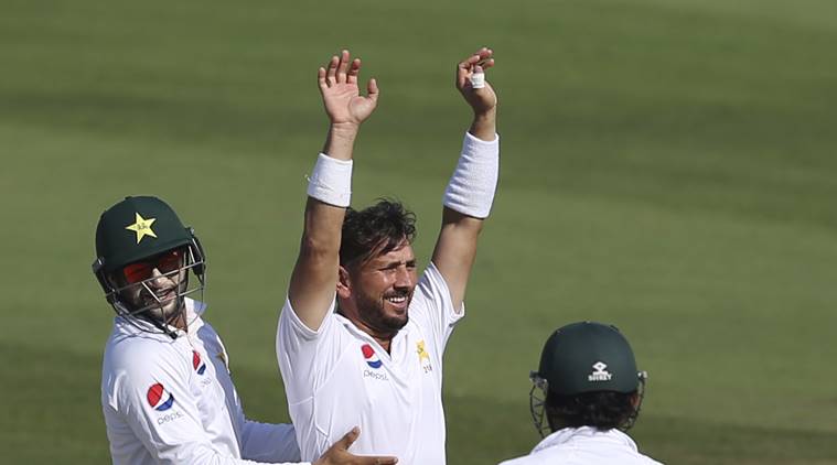 Pakistan's Yasir Shah celebrates dismissal of New Zealand's Will Sumerville in their test match in Abu Dhabi, United Arab Emirates