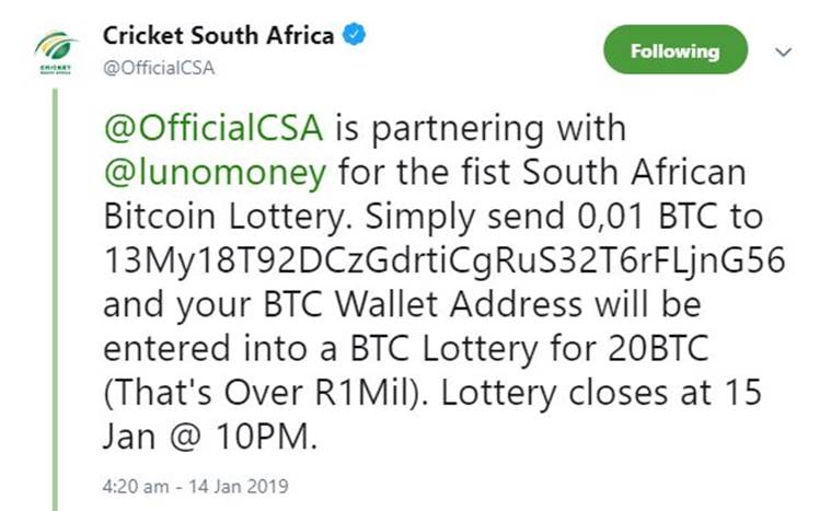 Cricket South Africa Account Hacked Sells Bitcoin Lottery Sports - 