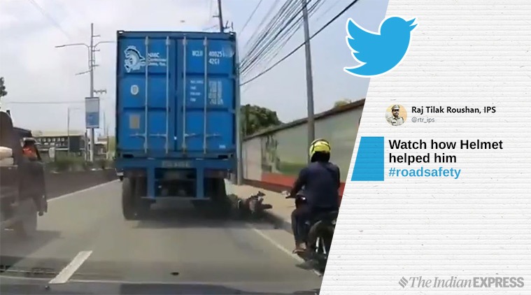 road safety, helmet saved accident, road accident videos, police helmet campaigns, police road safety campaigns, indian express, social media news