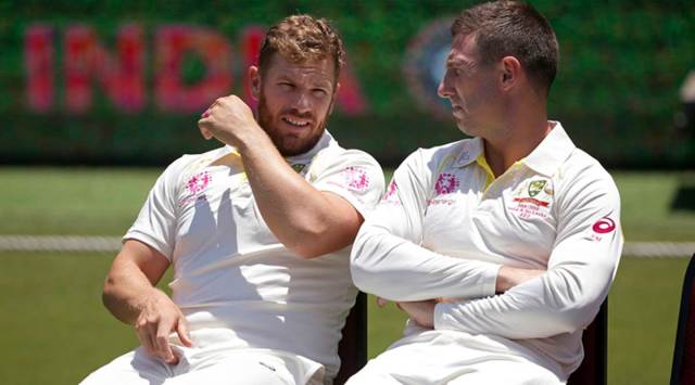 Australia's Aaron Finch, left, and Shaun Marsh chat before a training session in Sydney (Source: AP)