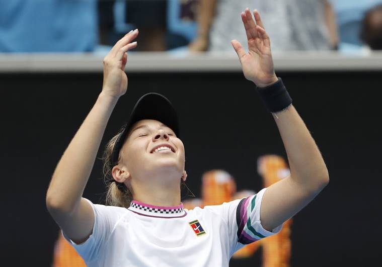 Amanda Anisimova of the U.S. celebrates winning the match against Belarus' Aryna Sabalenka.