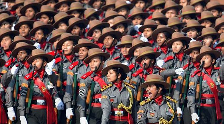 Major Khusboo Kanwar leads the all-women contingent of Assam Rifles, marching past the saluting dais, during the 70th Republic Day Parade at Rajpath in New Delhi on Saturday. (PTI)