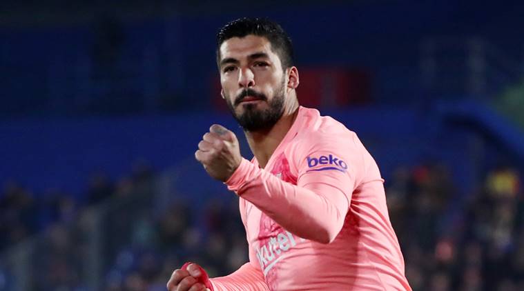 Barcelona's Luis Suarez celebrates scoring their second goal