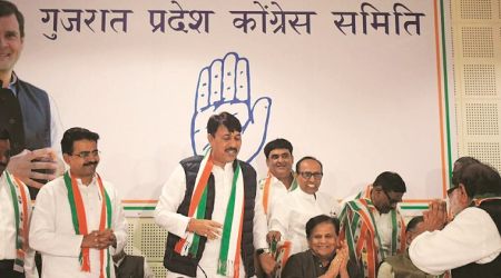 Bimal Shah, Anil Patel and Jagatsinh Vasava joined the Congress in presence of state party chief Amit Chavda, AICC treasurer Ahmed Patel and AICC incharge Rajeev Satav. (Express)