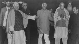 BJP leaders and his party supporters come out after meeting with President K R Narayanan at Rashtrapati Bhawan in New Delhi on 30-11-1997. L to R - A B Vajpayee, Jaswant Sinha, George Fernandes, L K Advani. Express photo by Arvind Yadav