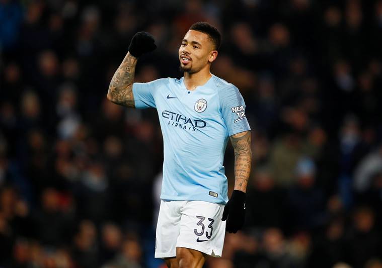 Manchester City's Gabriel Jesus celebrates scoring their fifth goal to complete his hat-trick against Burton Albion