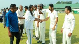 kca-759 Former CPI state secretary Panniyan Raveendran at the start of Kerala vs Vidarbha Ranji Trophy semifinal
