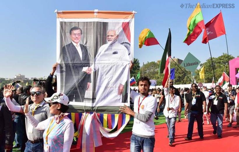 international kite festival, kite festival ahmedabad, sabarmati riverfront kite festival, vijay rupani, op kohli, gujarat, uttarayan, makar sankranti, indian express news